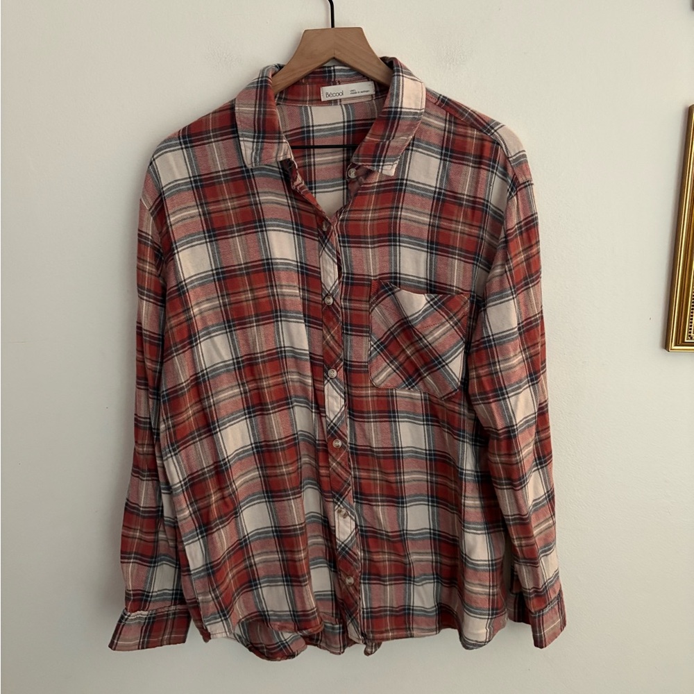 BE COOL Red Cream Plaid Button-Down Shirt Chic Women’s Large NWOT BOHO